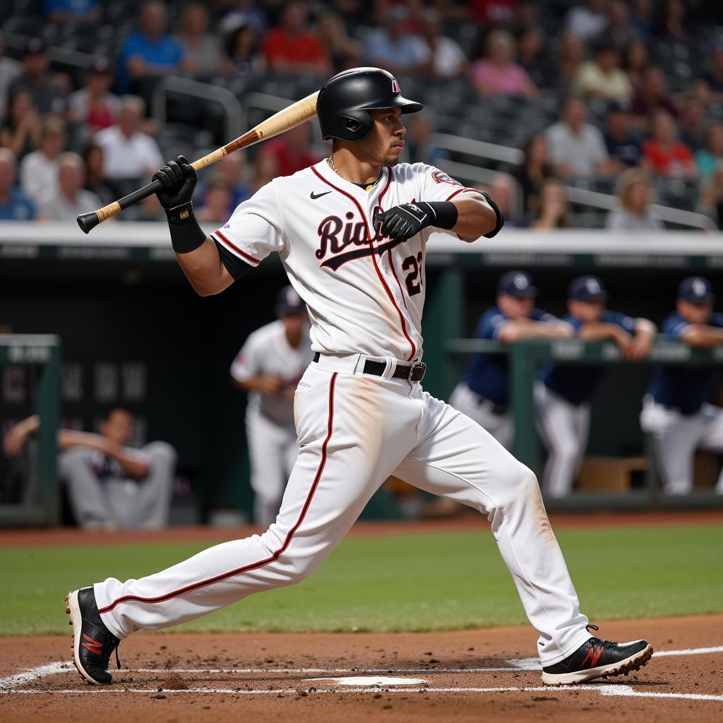 Action shot of a baseball player mid-swing, using a 45-ounce bat.