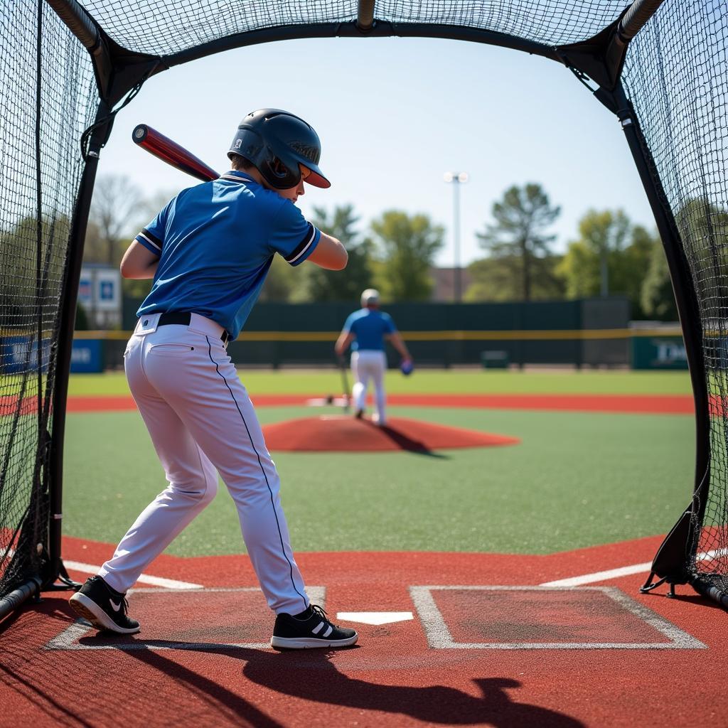 Baseball Player Training in Batting Cage