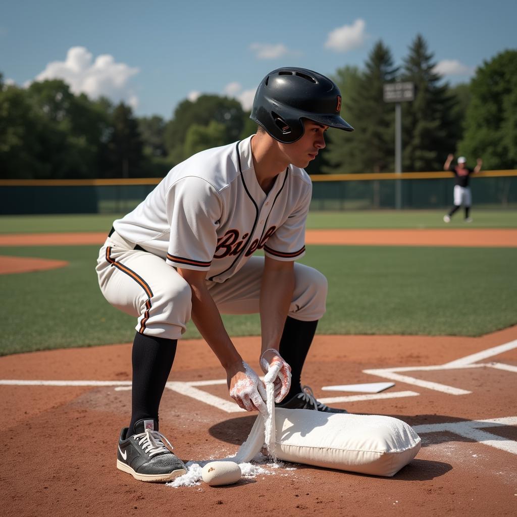 Baseball Player Applying Chalk from a Bag