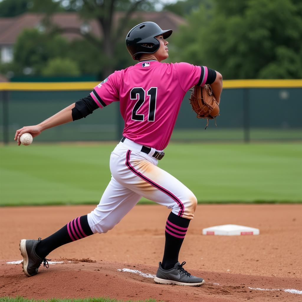 Baseball Player Wearing a Pink and Black Jersey During a Game