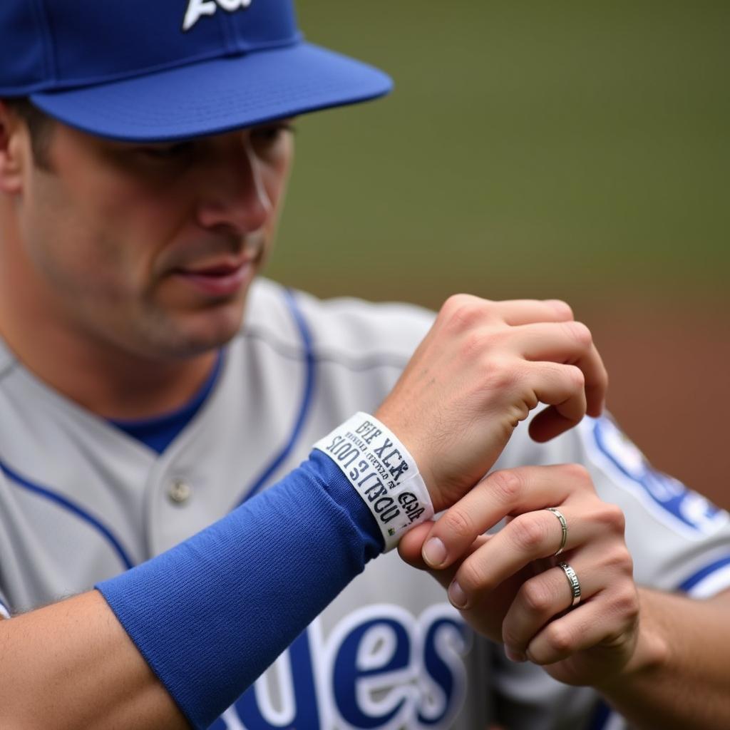 Baseball player wearing a wristband with plays