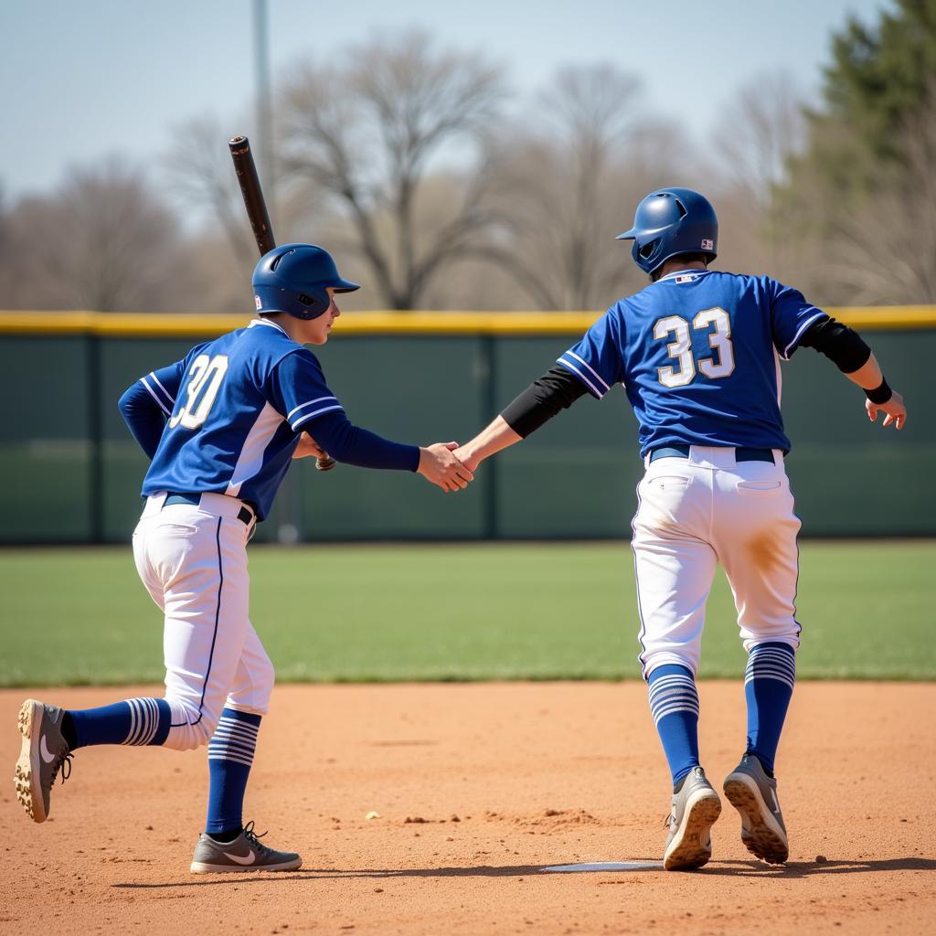 Baseball players crossing bats