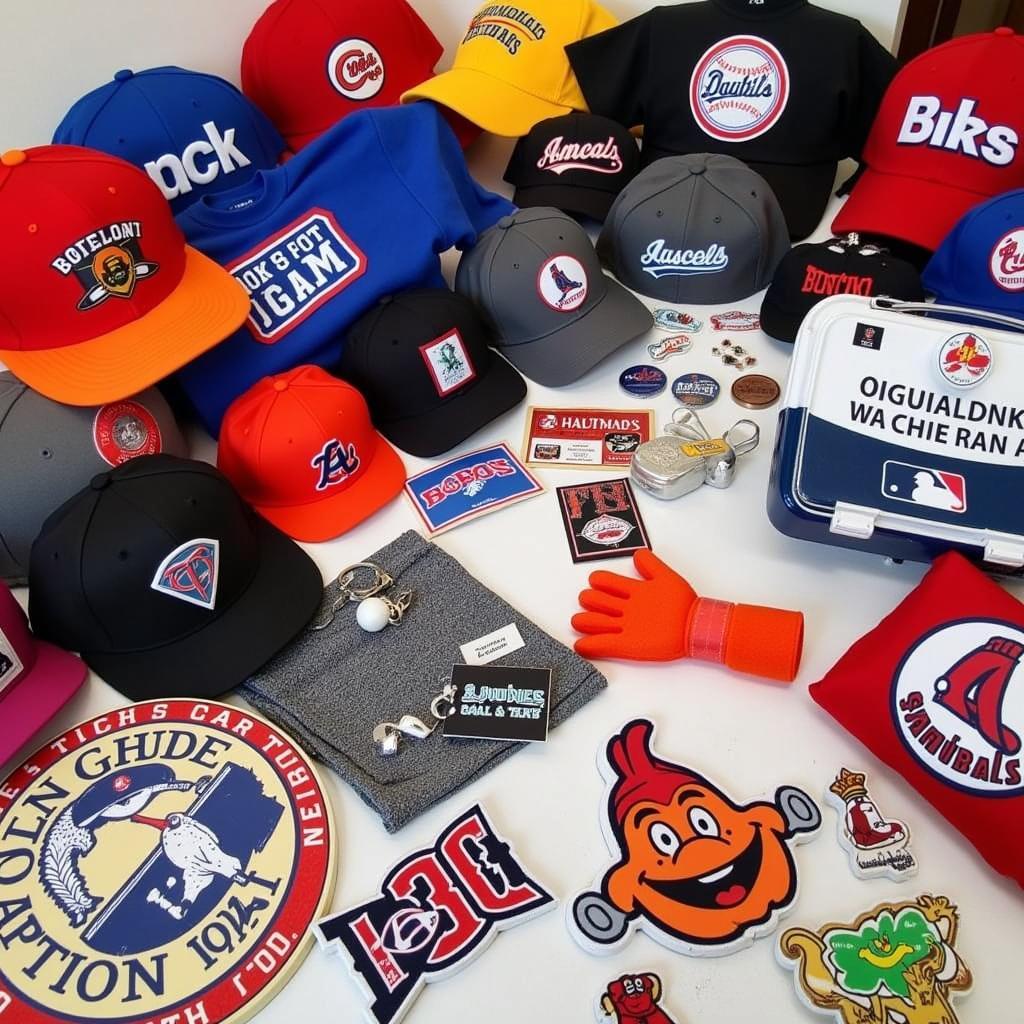 A wide variety of baseball promotional items displayed on a table.