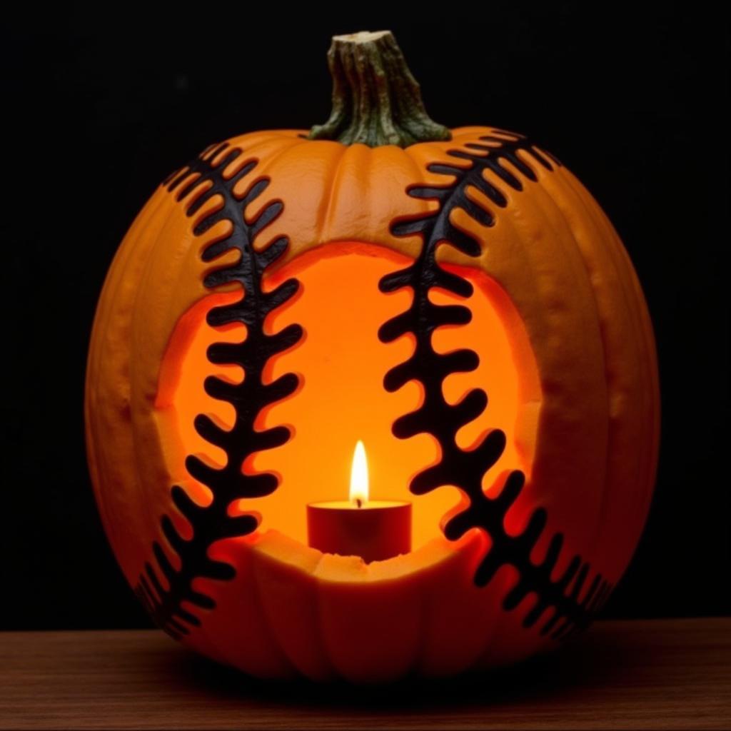 Baseball Stitches Carved on Pumpkin