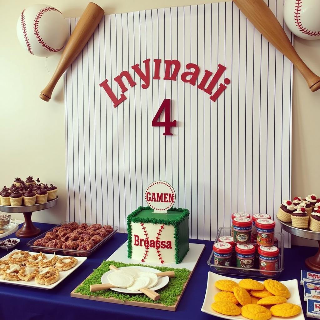 A beautifully decorated dessert table with a baseball-themed backdrop, cake, and snacks.