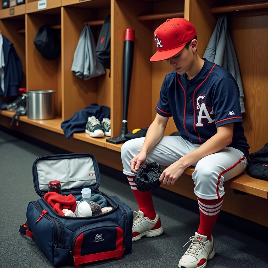 Young baseball player preparing his gear bag