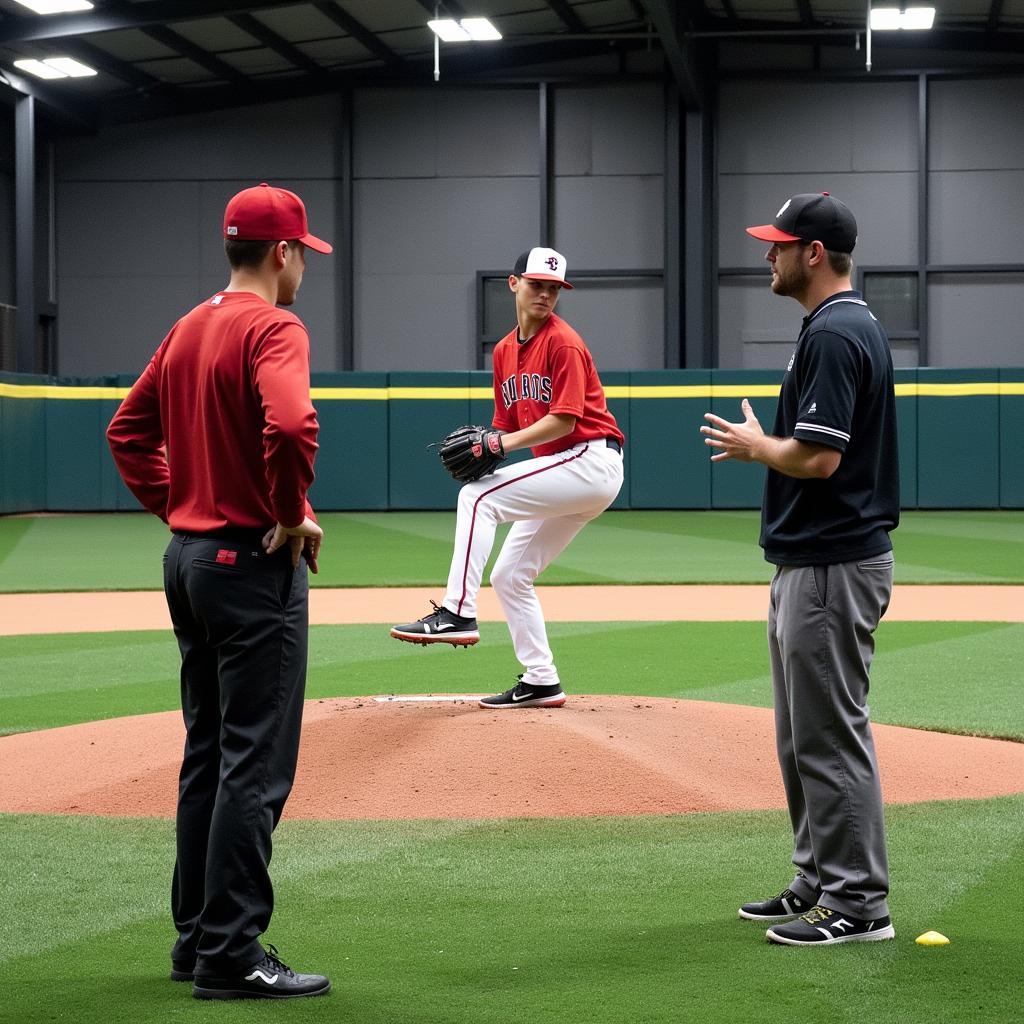 A coach providing one-on-one pitching instruction at a baseball winter clinic