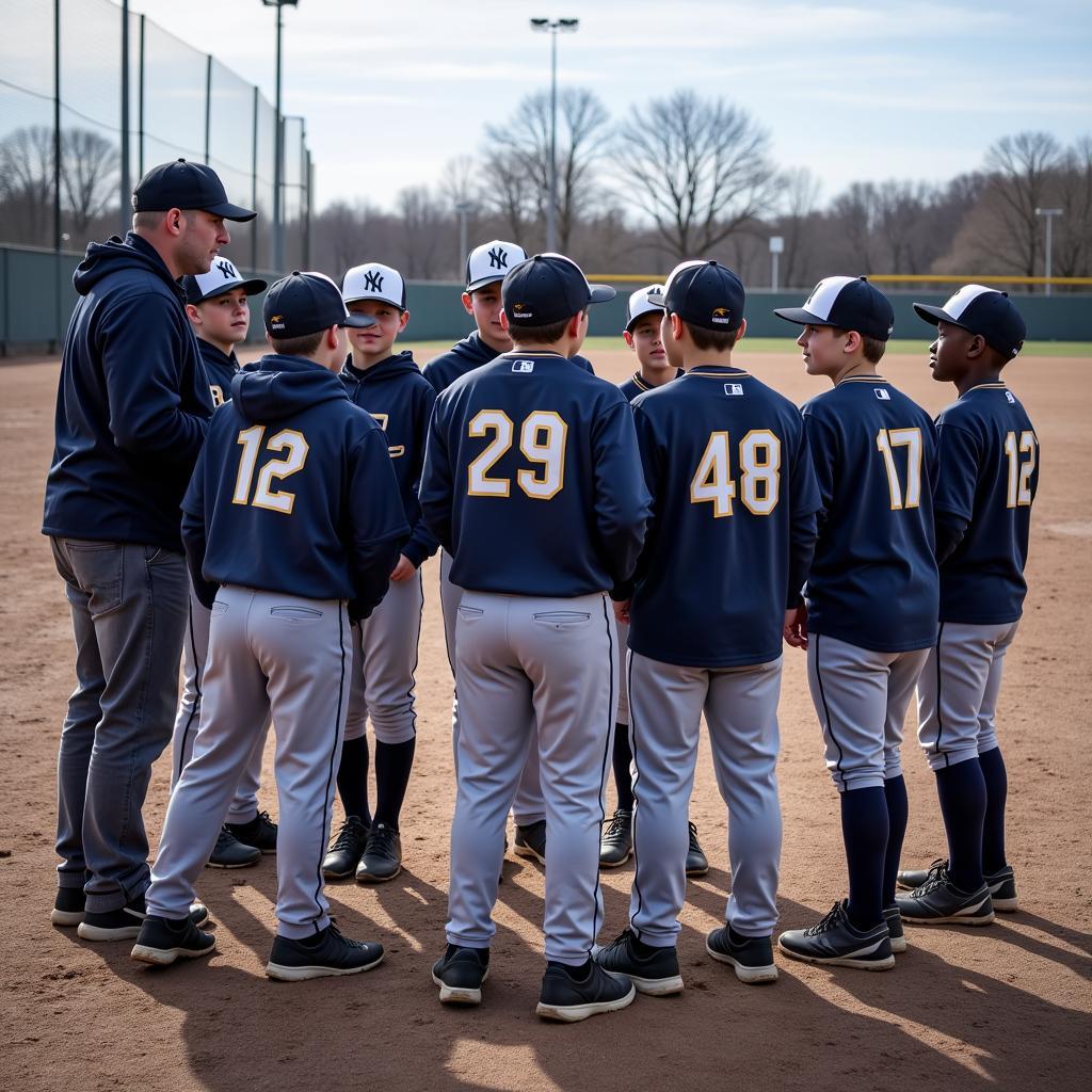 Players huddling together at a baseball winter clinic, emphasizing teamwork