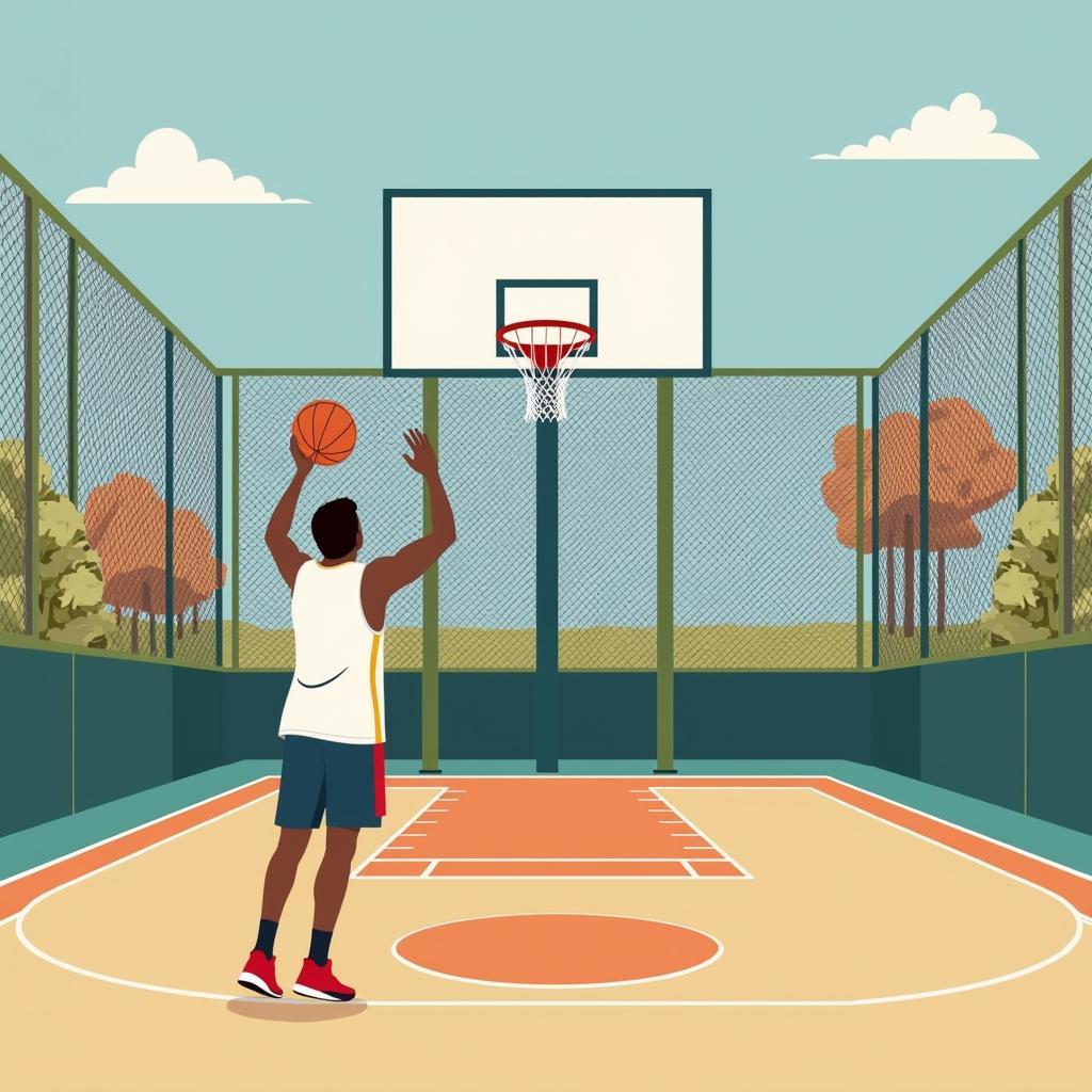 A basketball court with a player about to shoot a basket. 