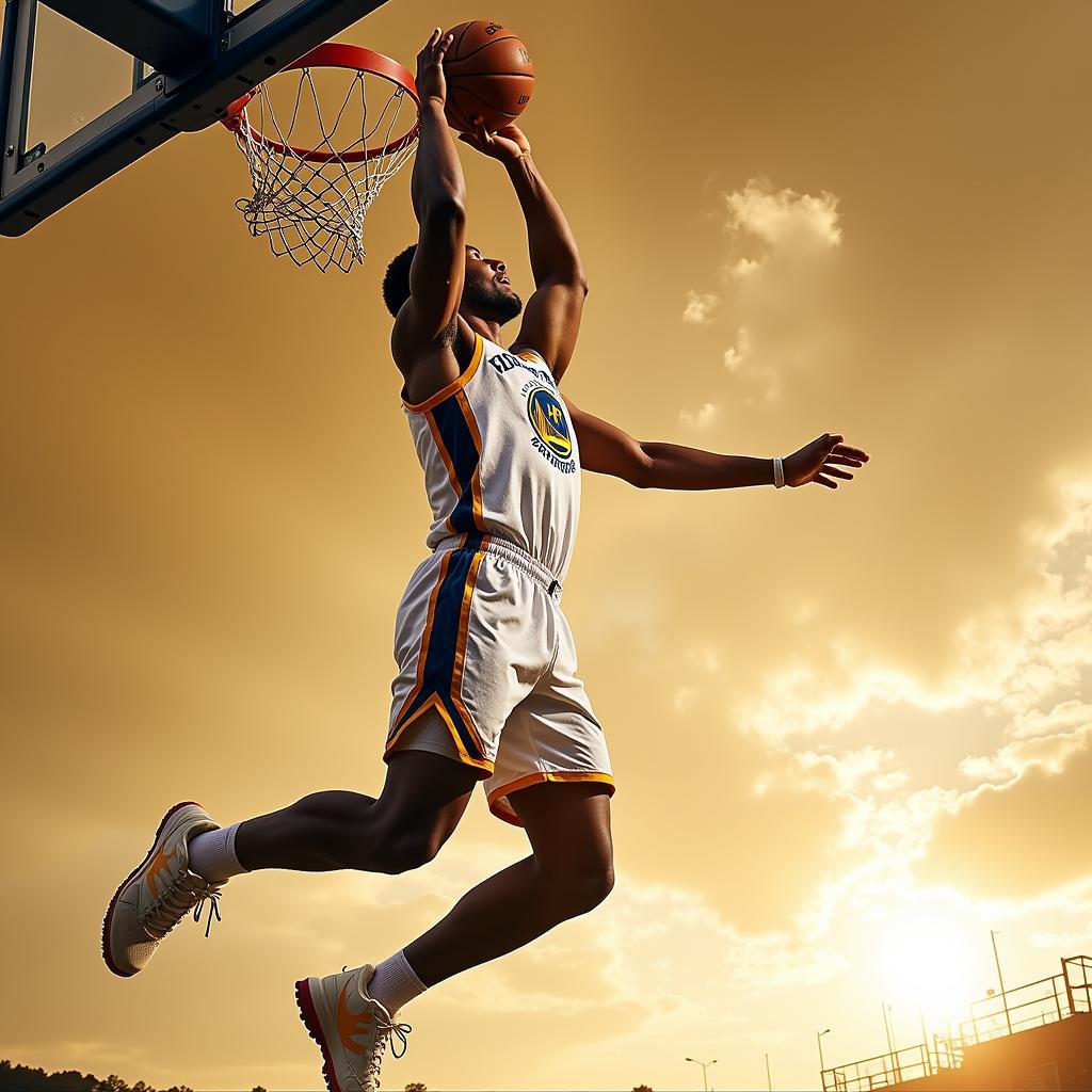 A basketball player wearing a white and gold jersey during an intense game