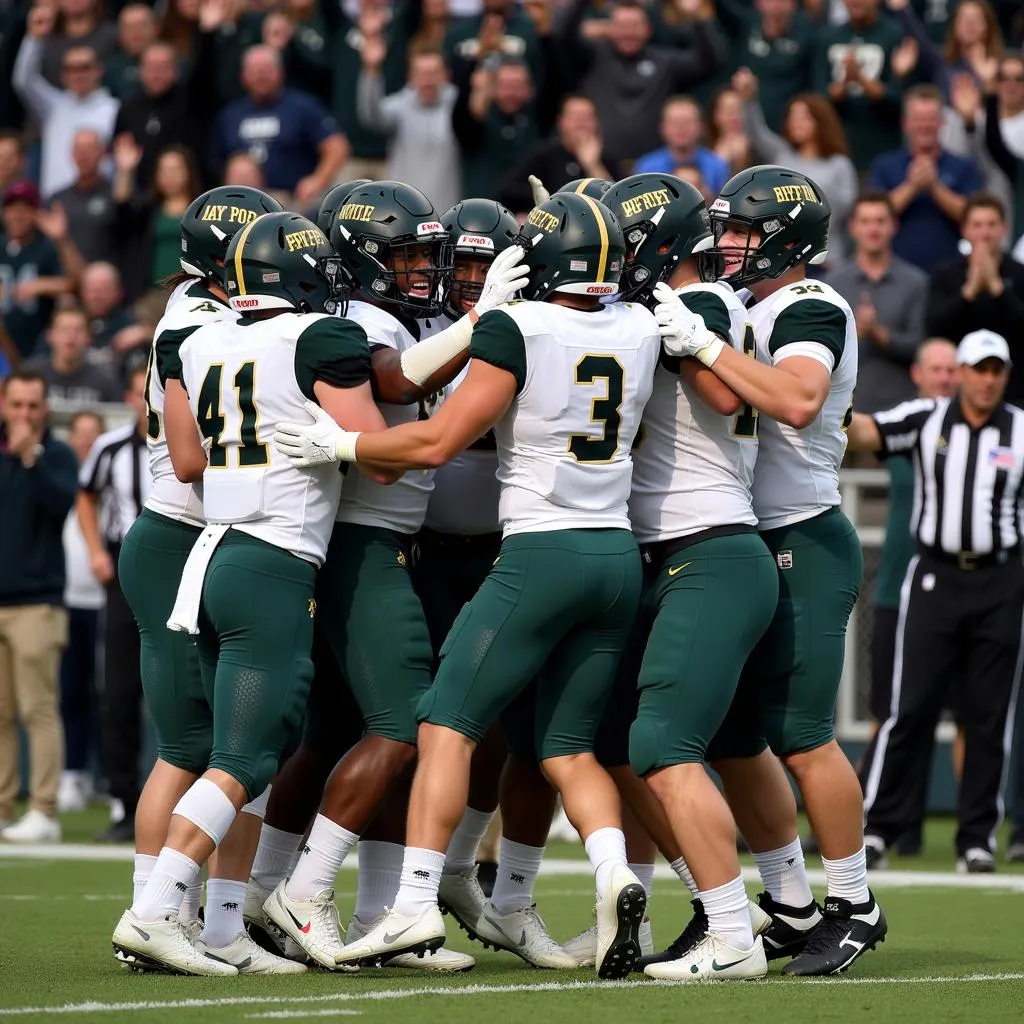 Bay Port football players celebrating a touchdown with enthusiastic fans in the background.