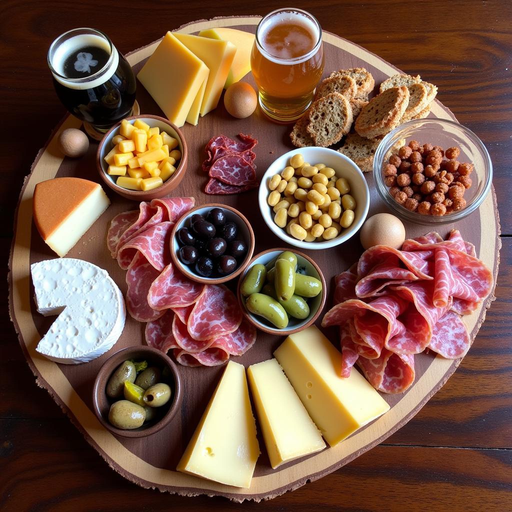 A visually appealing beer platter laden with craft beers, cheeses, cured meats, and other snacks, arranged for a gathering