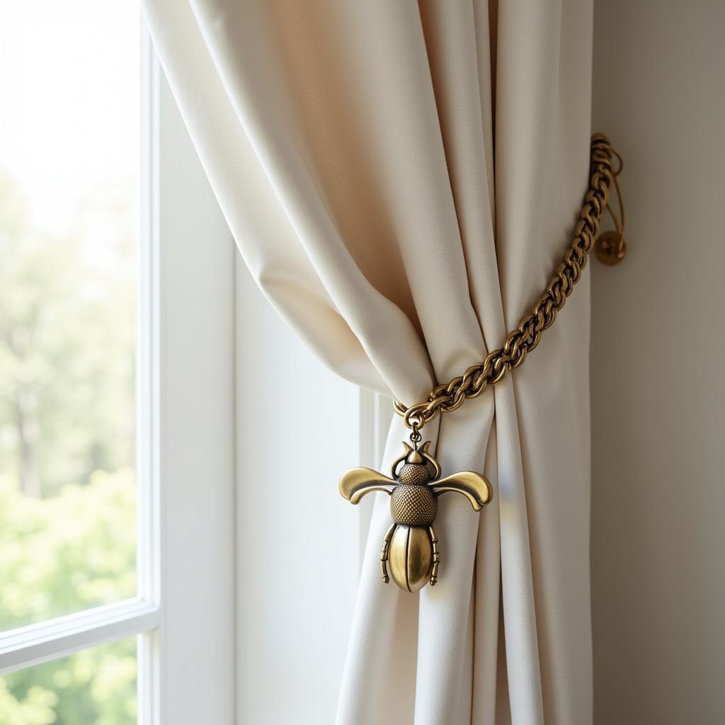 Brass bee curtain tie backs holding back sheer white curtains