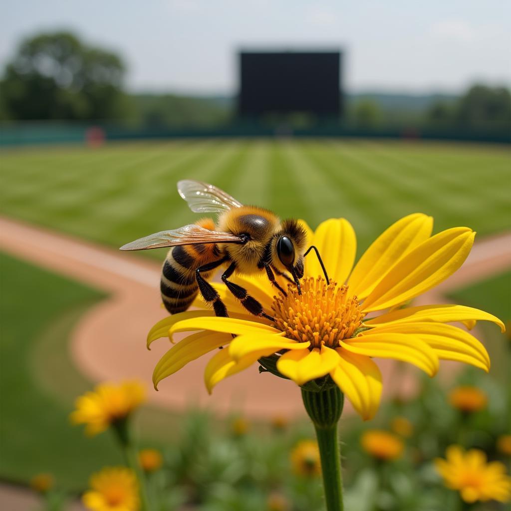 Bee on a Flower Near a Baseball Field