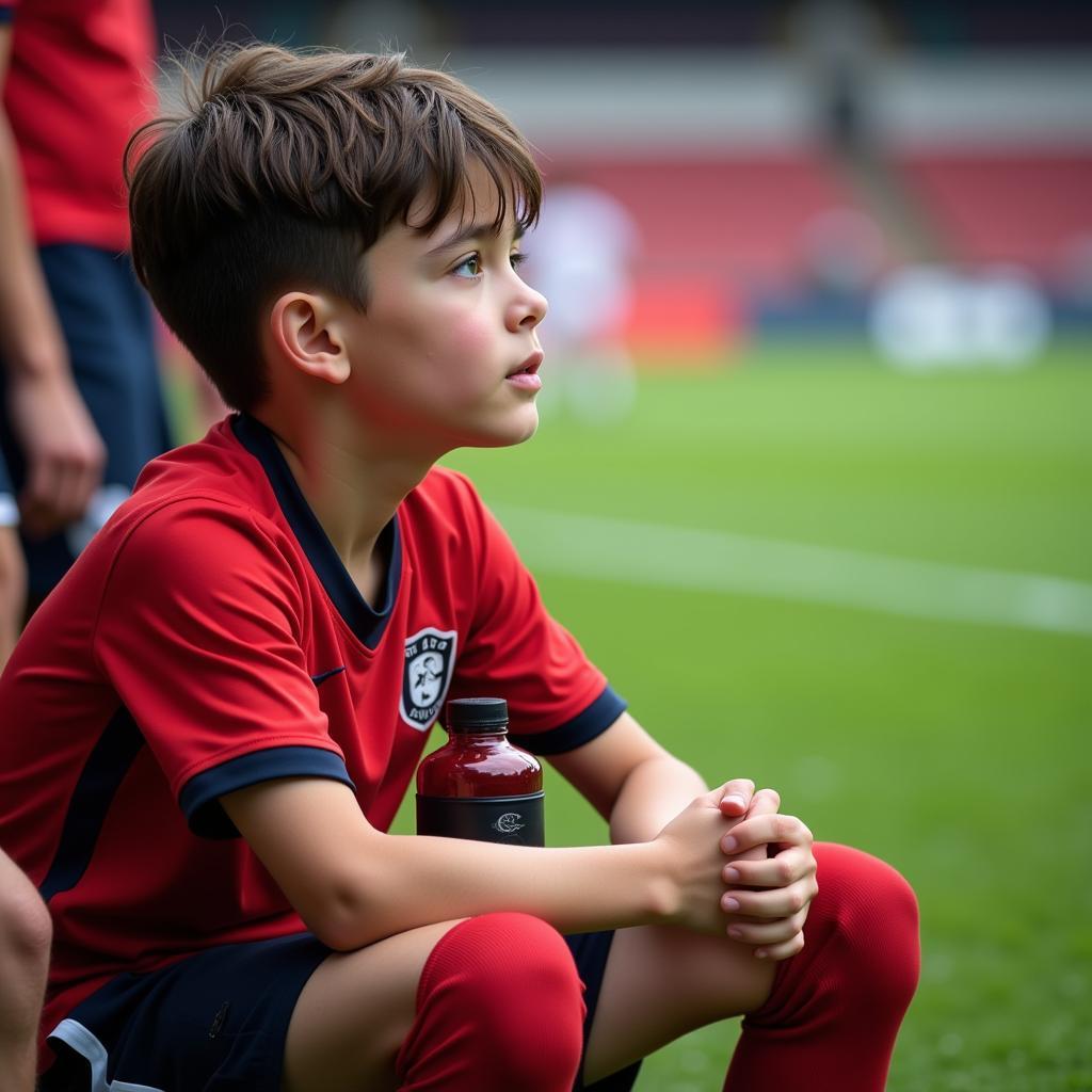 A footballer sitting on the bench, watching intently as his team plays