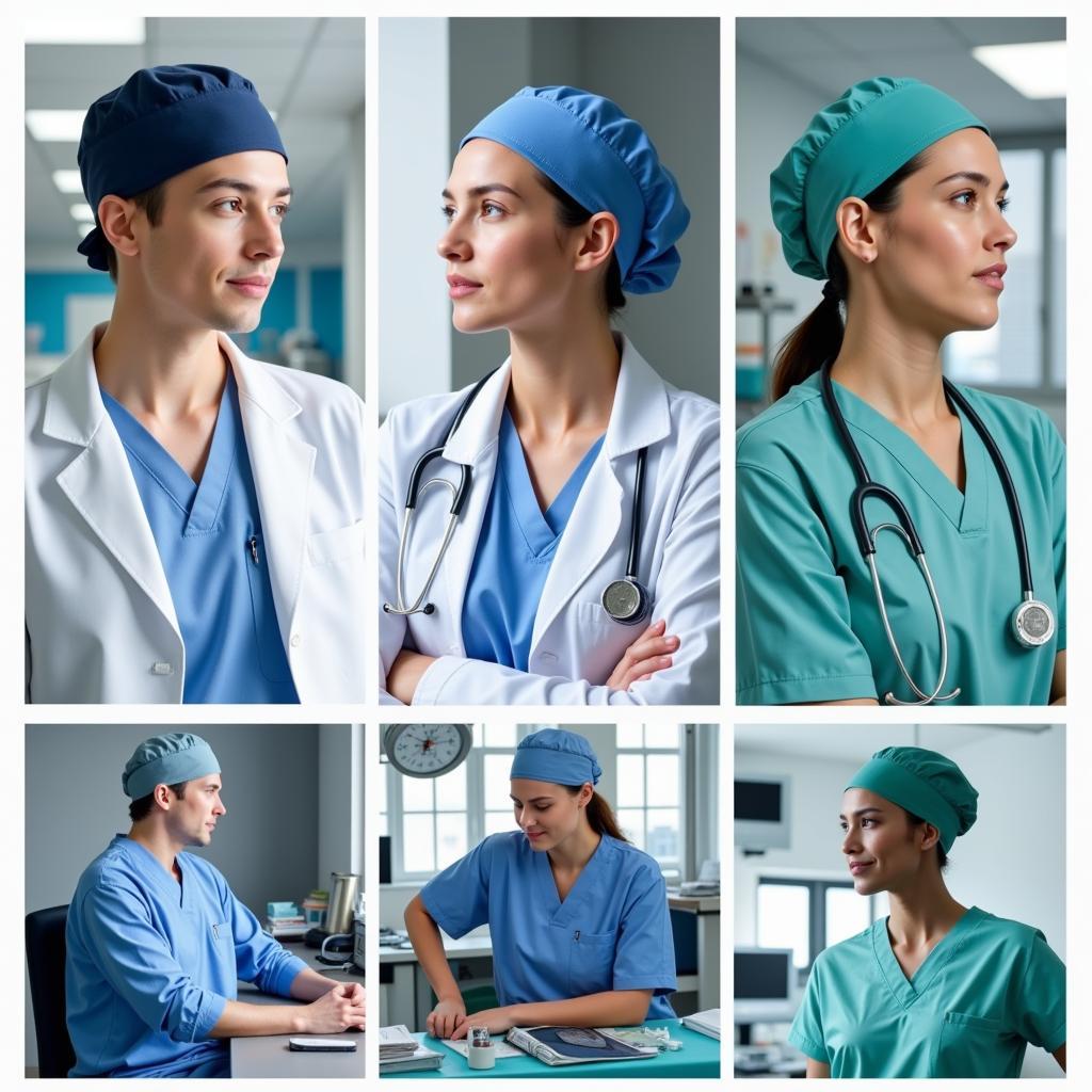 Healthcare professionals wearing European scrub caps in different settings