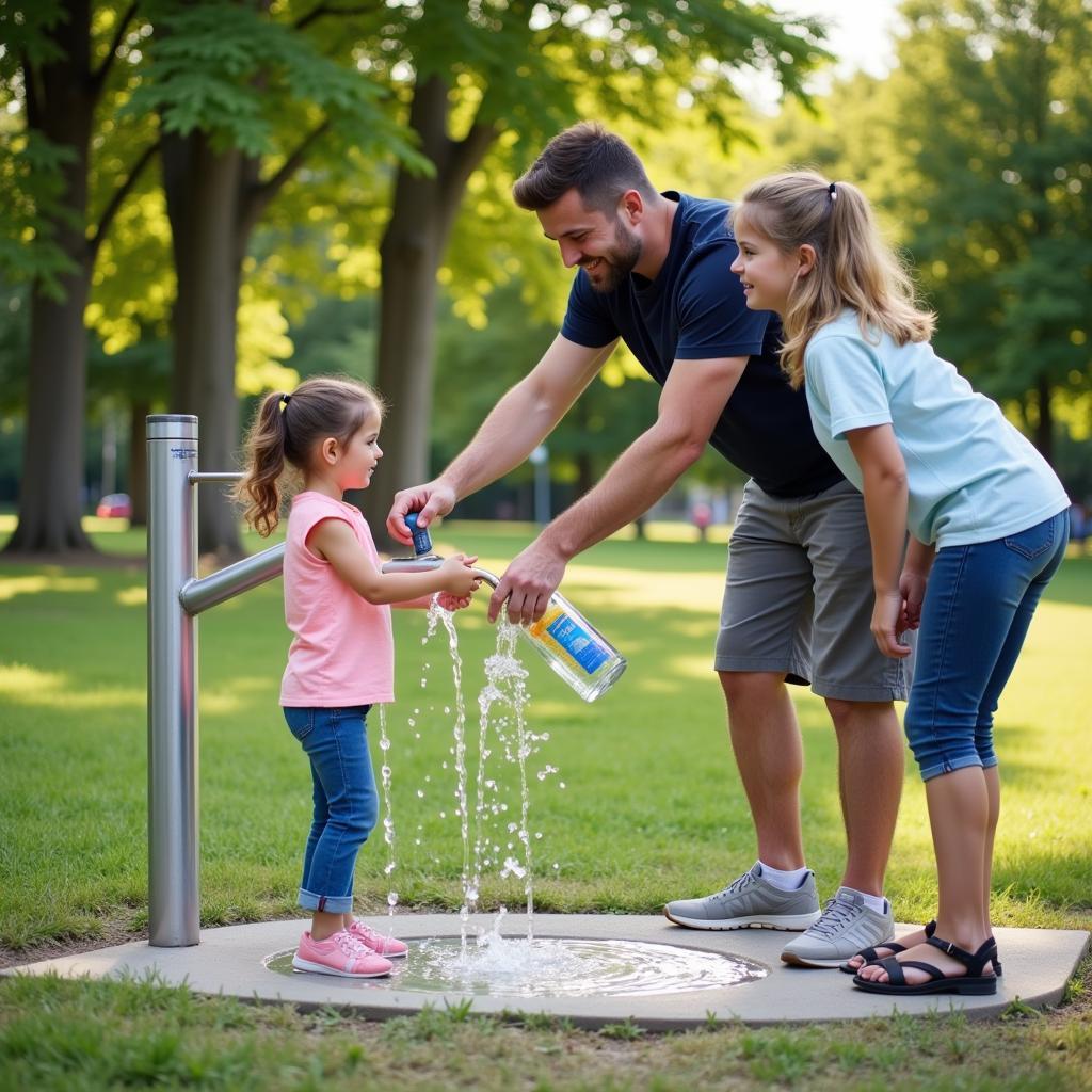 Family Using a High Low Drinking Fountain