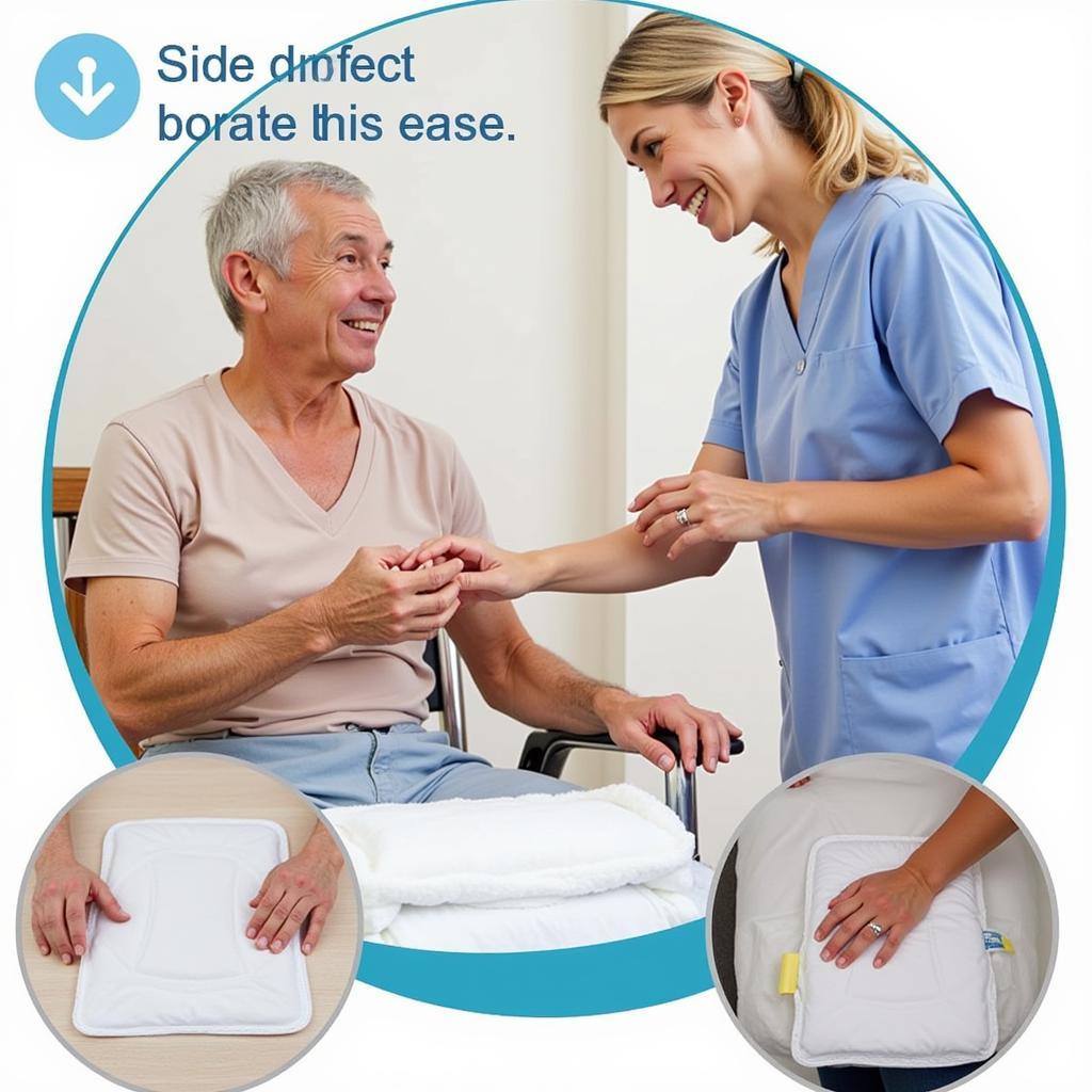 A caregiver and an elderly patient smiling while using an adult changing pad.