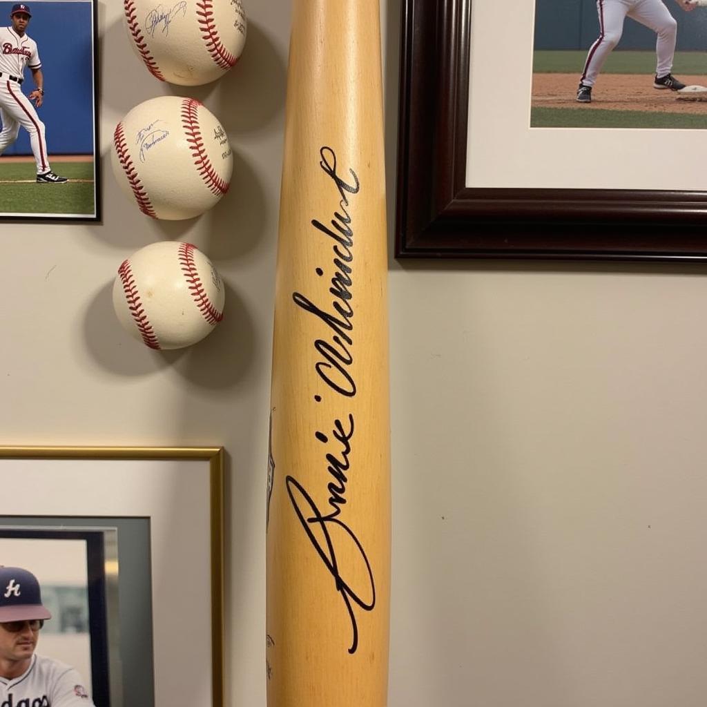 Bernie Williams autographed baseball bat displayed with other memorabilia