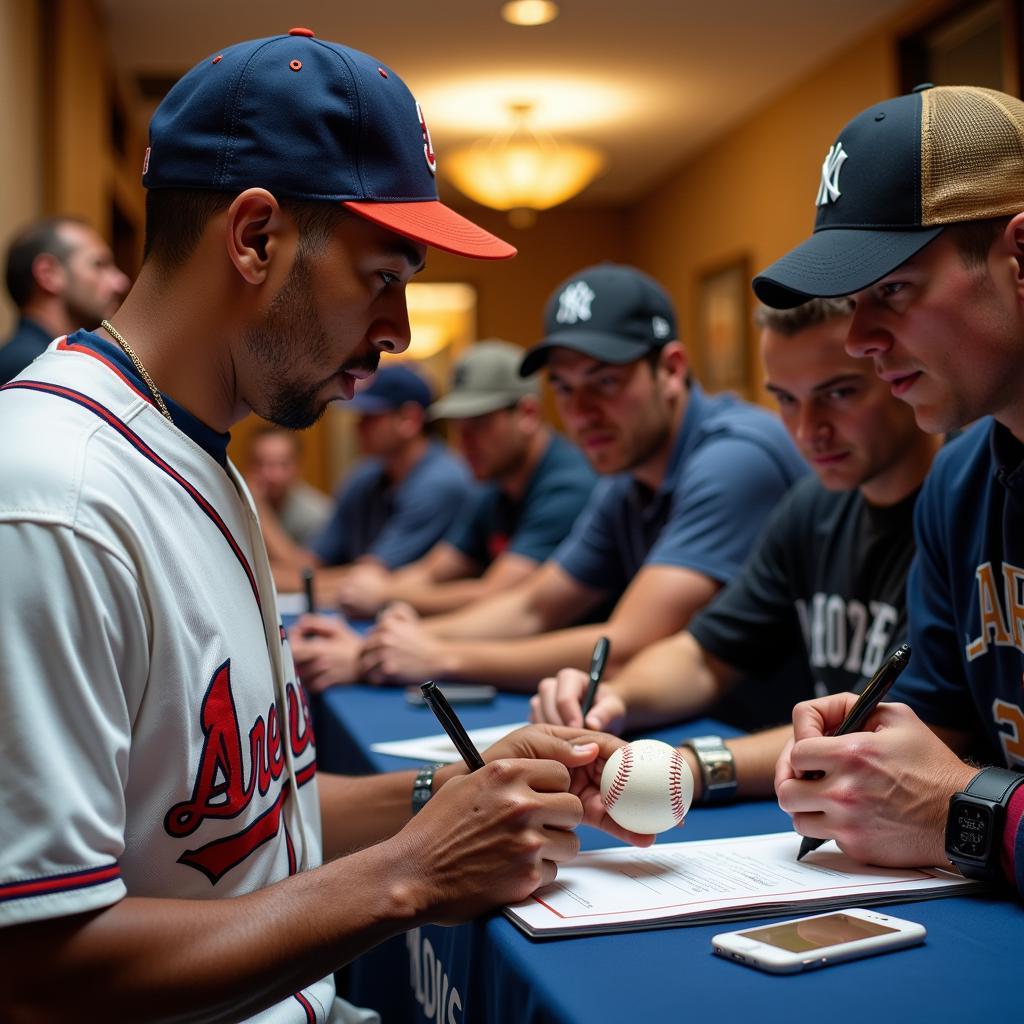 Bernie Williams signing a baseball for a fan