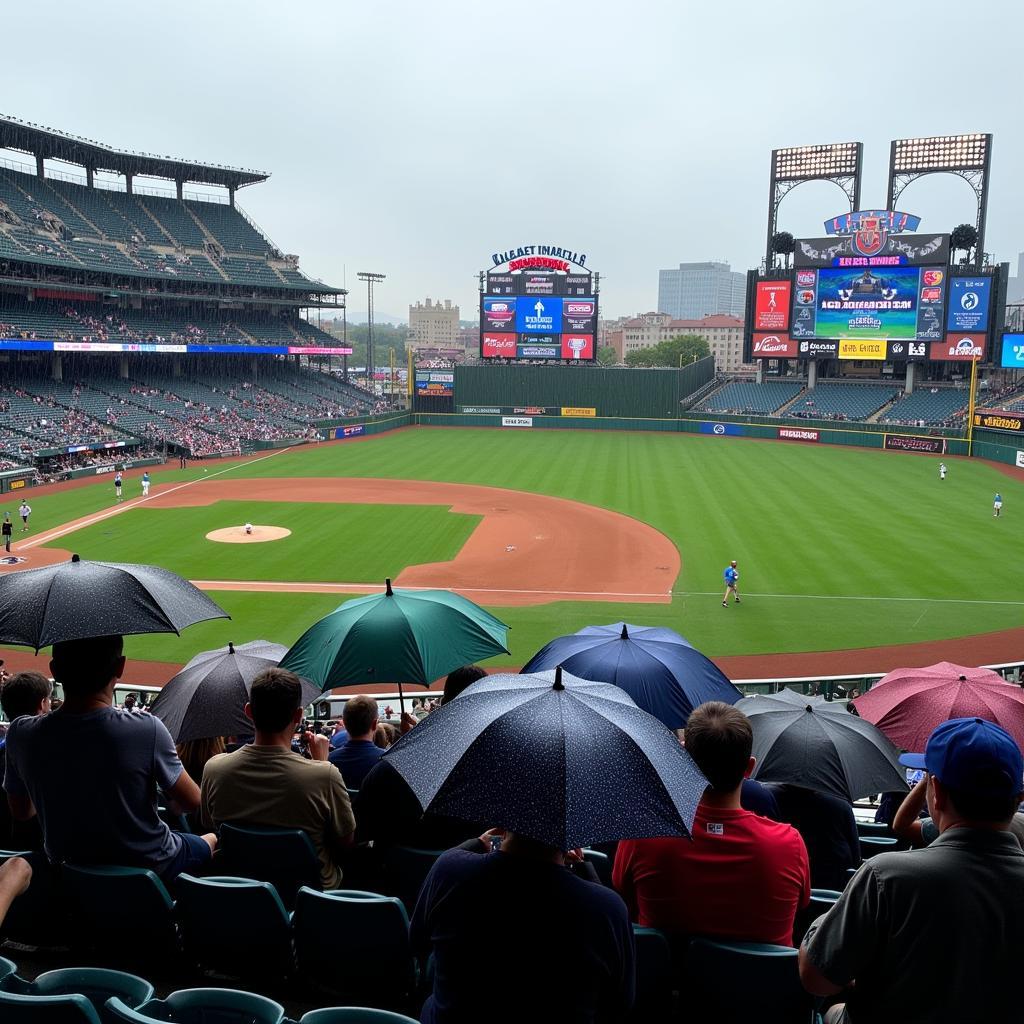 Umbrellas shielding baseball fans from the rain