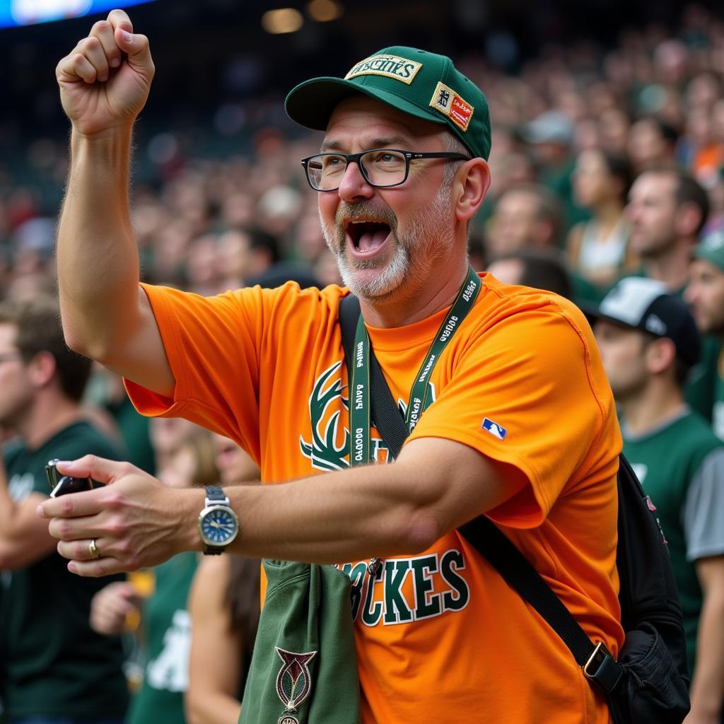 A fan wearing a big league bucks shirt at a game