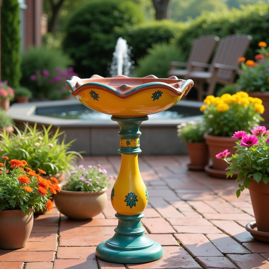  A decorative bird bath with fresh water placed on a 3D deck porch and patio.