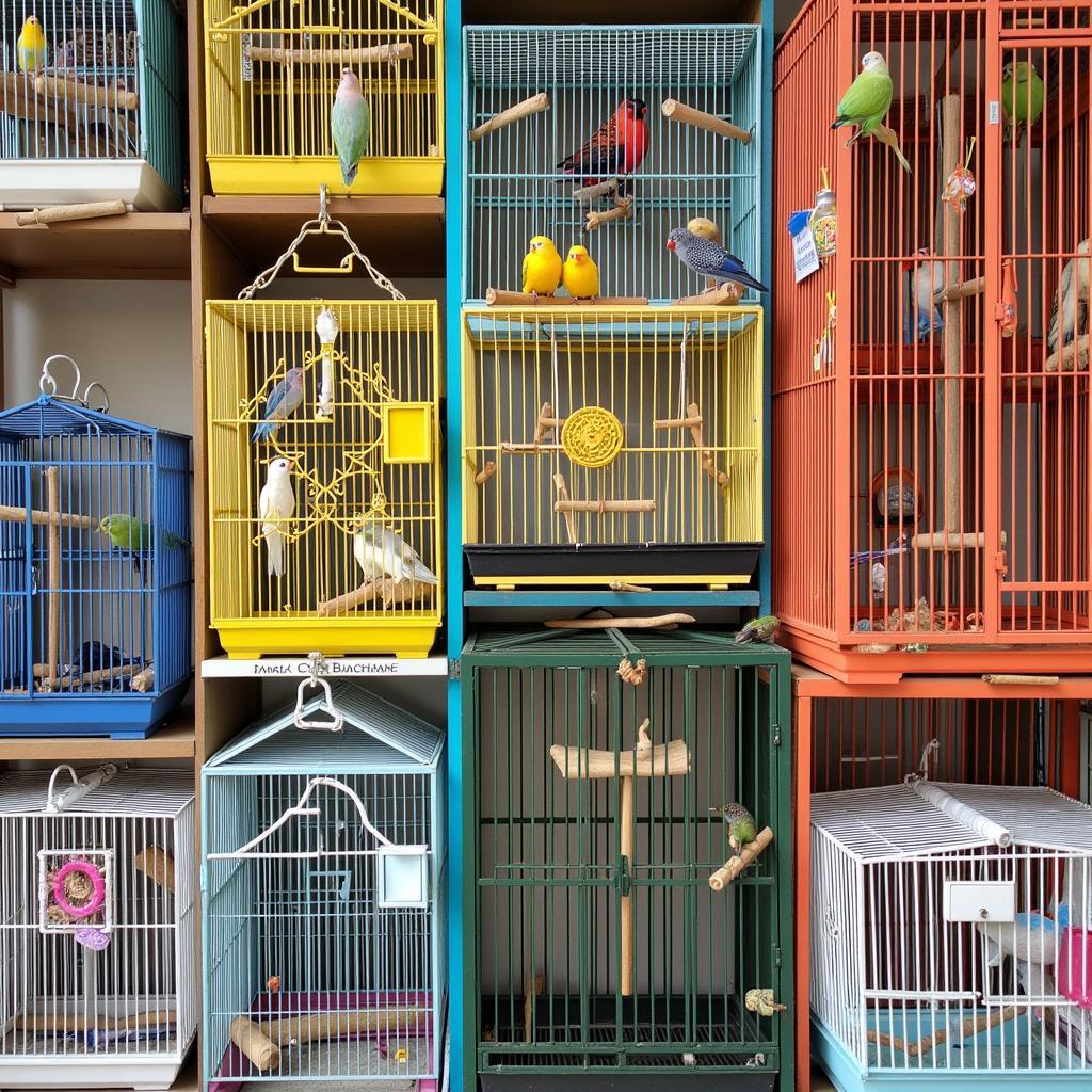 Brightly lit bird cages with perches and toys