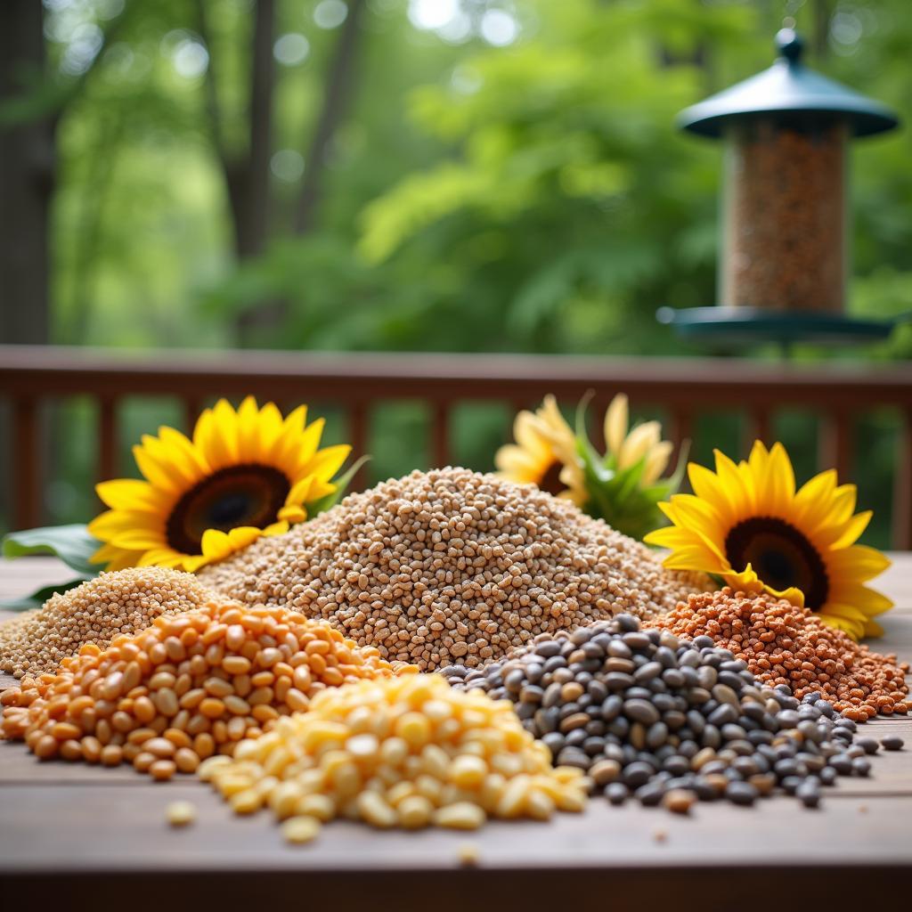 Different types of bird seed suitable for attracting birds to a 3D deck porch and patio.