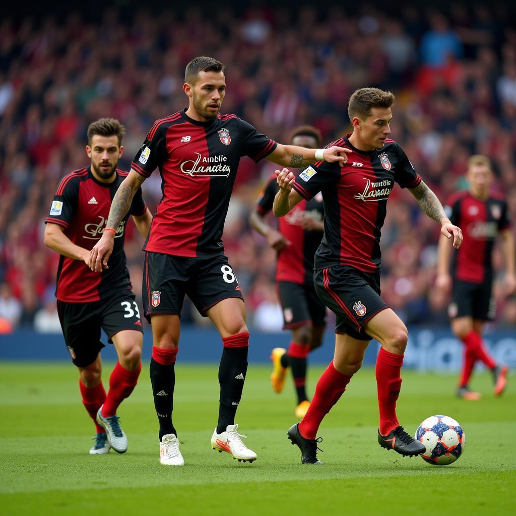 Soccer players in black and red uniforms competing fiercely for the ball