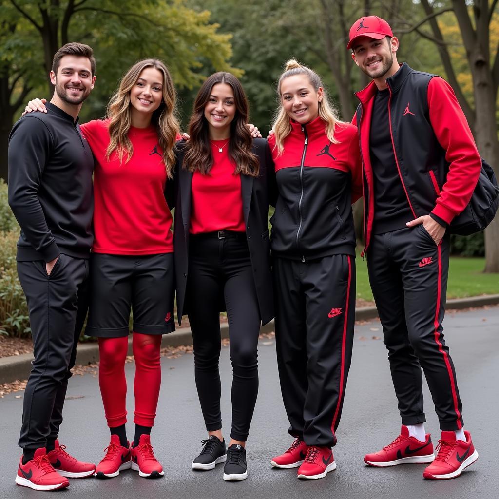 Group of friends wearing stylish streetwear incorporating black and red elements.