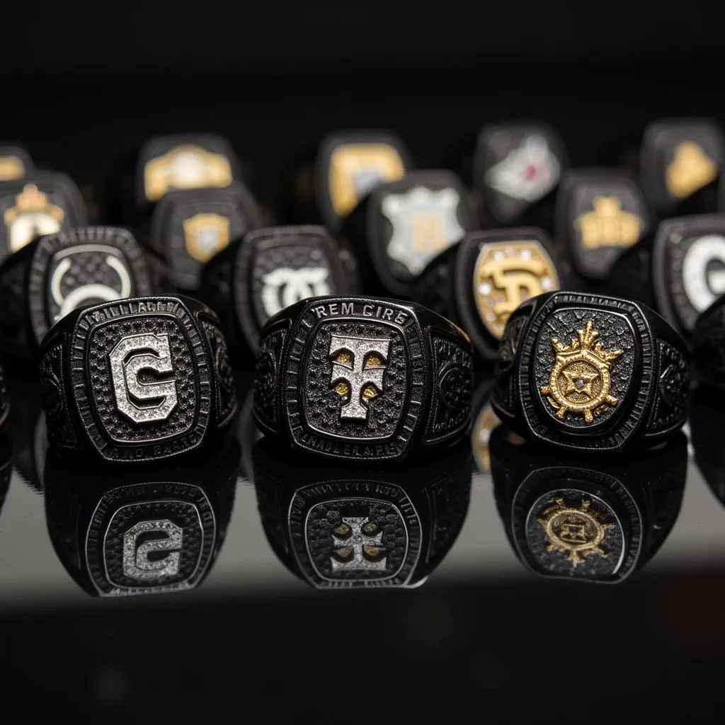 Black championship rings close up, showcasing intricate details