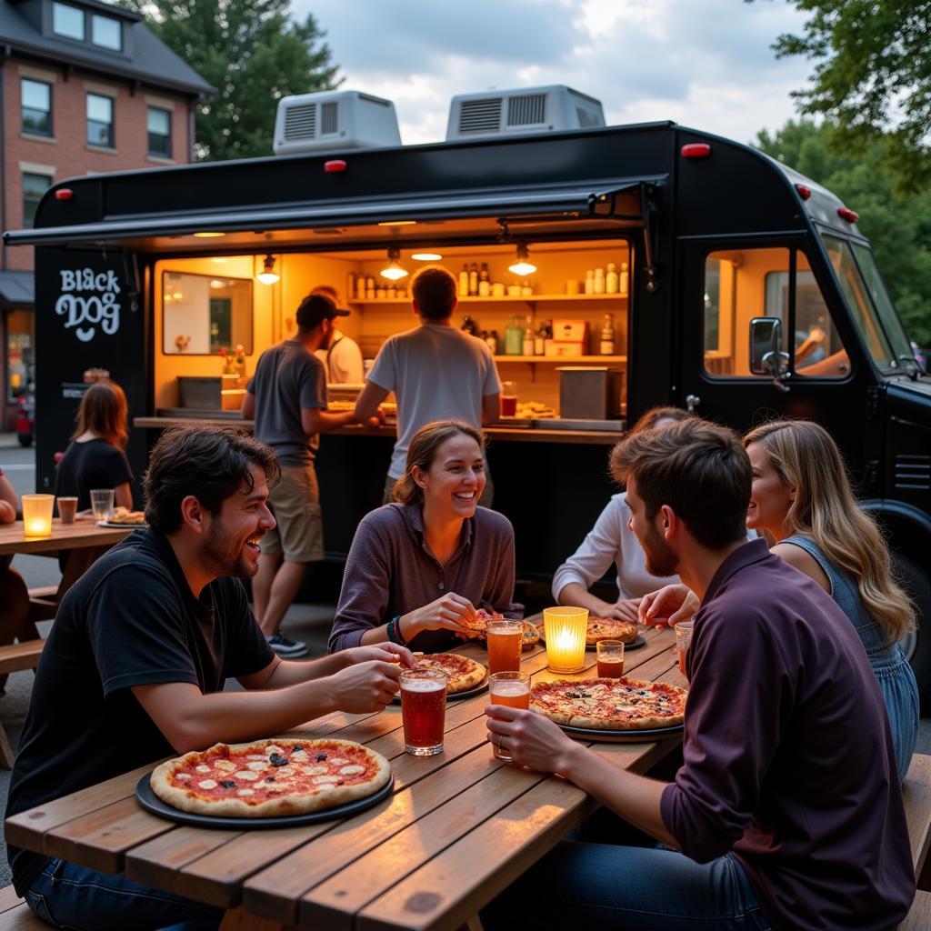 Customers enjoying Black Dog Pizza at outdoor picnic tables