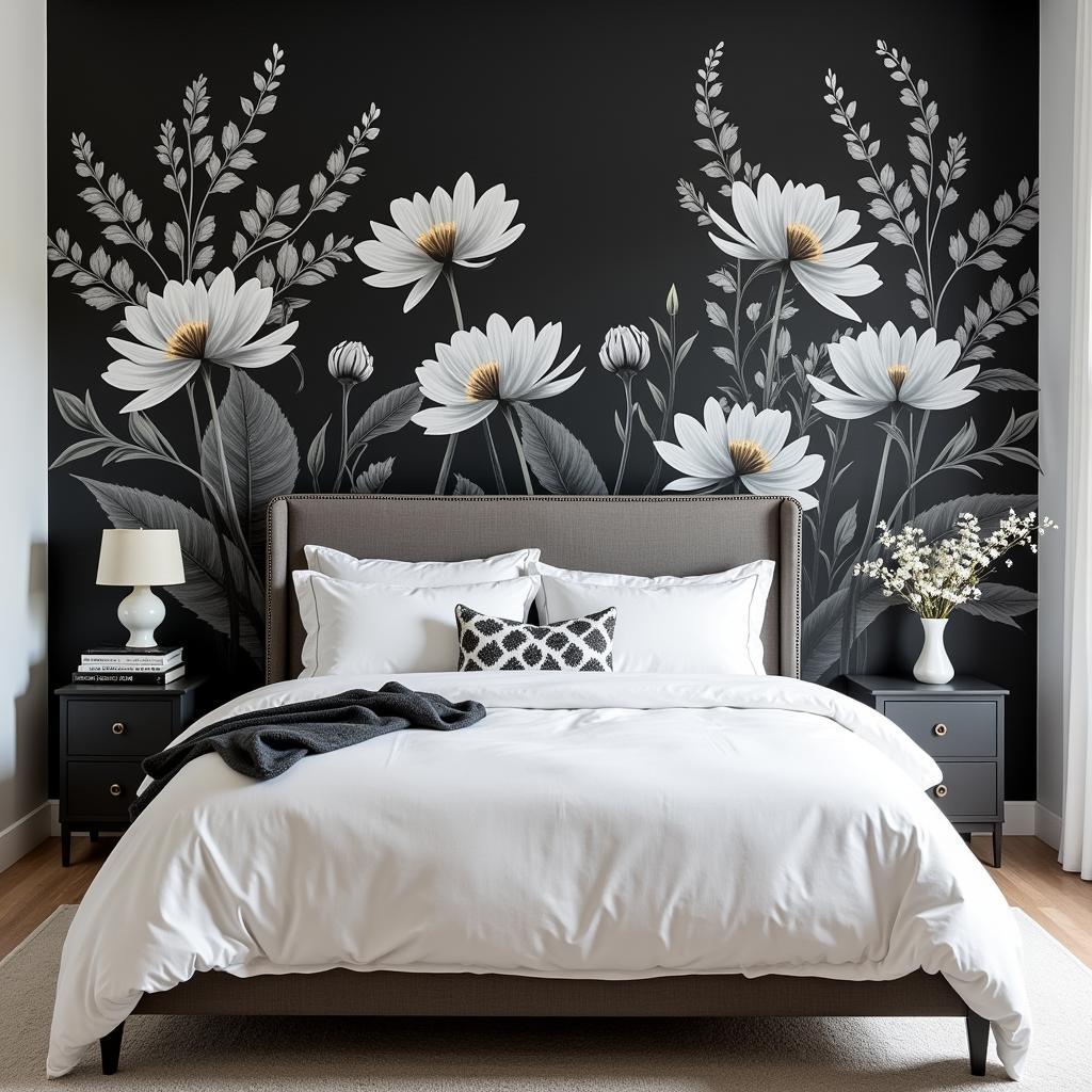 Black Floral Mural as a Bedroom Accent Wall