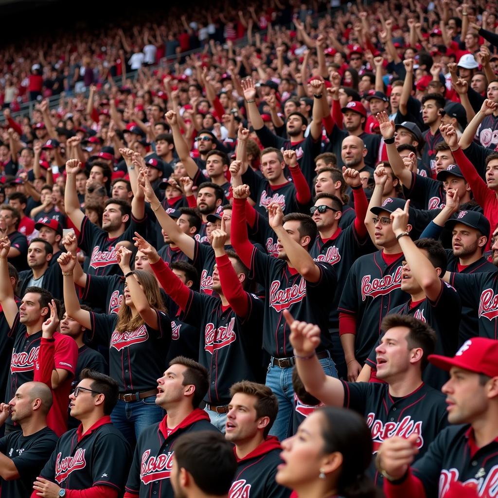 Fans wearing black and red baseball jerseys at a game