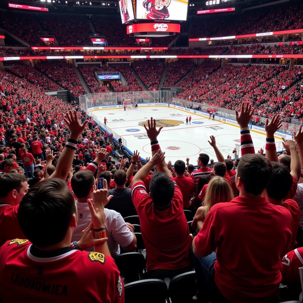 Blackhawks fans sporting team socks at a game