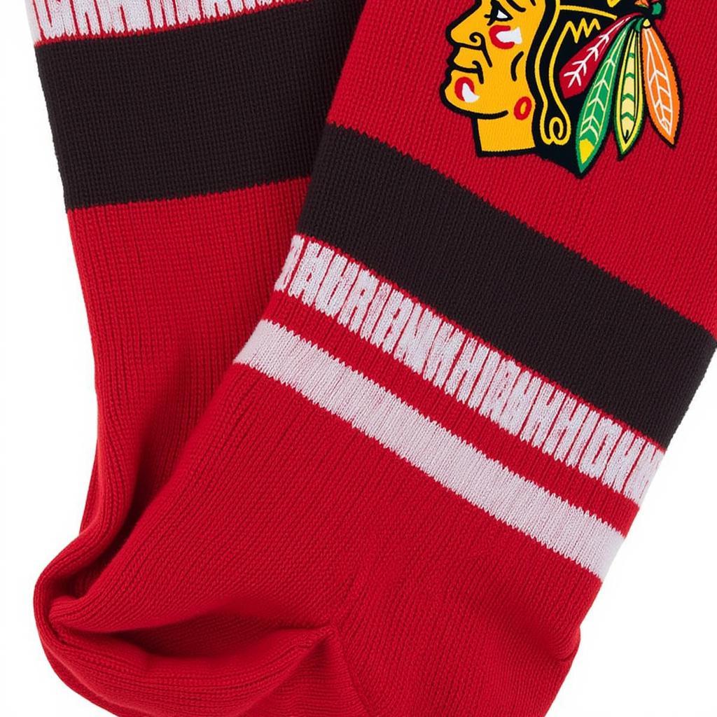 Close-up view of Blackhawks hockey socks design