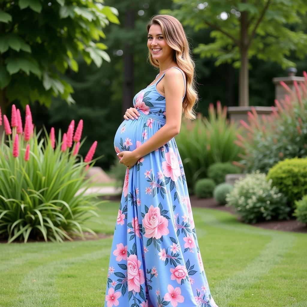 Flowing Blue and Pink Floral Maxi Dress for Gender Reveal