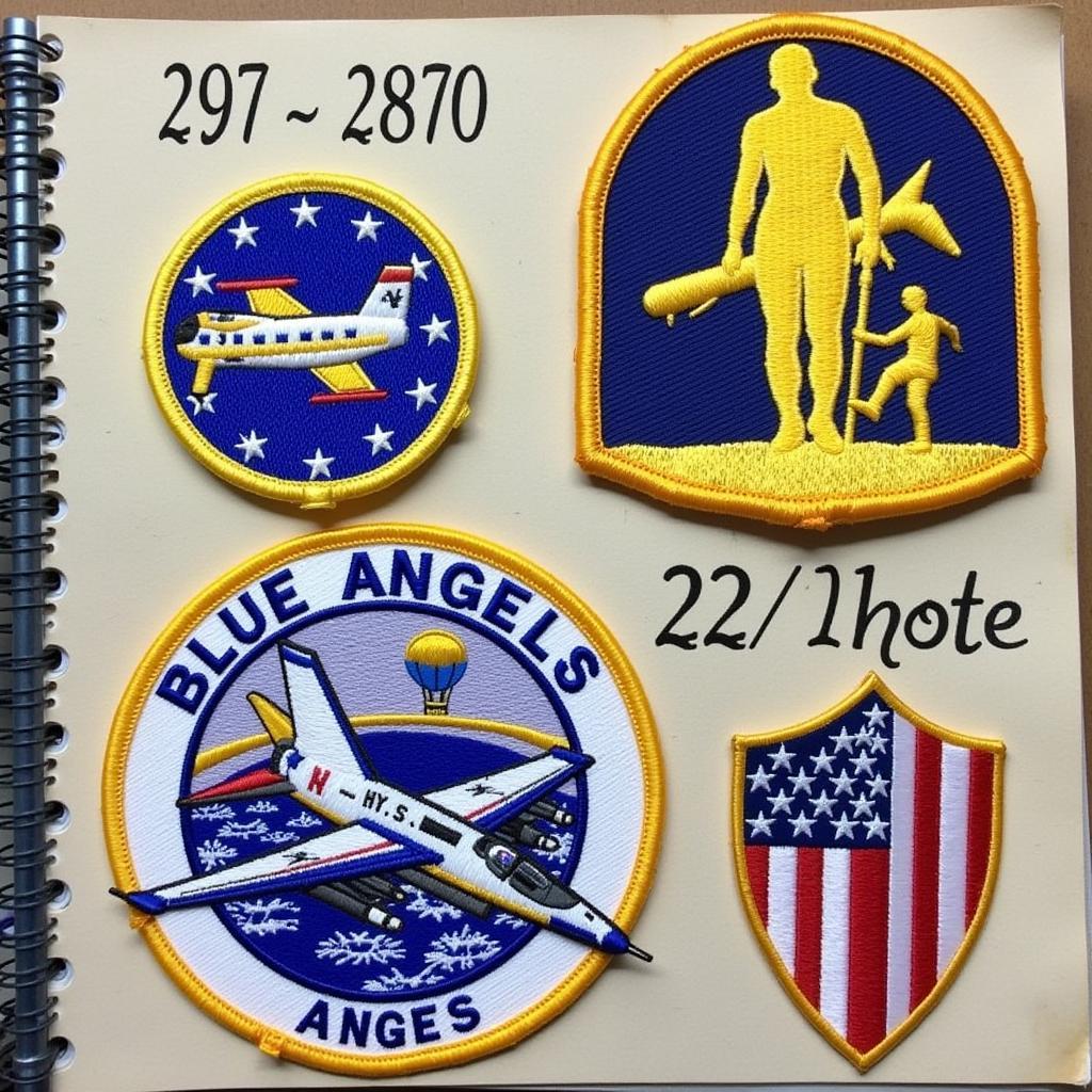 A collection of Blue Angels patches from different eras.