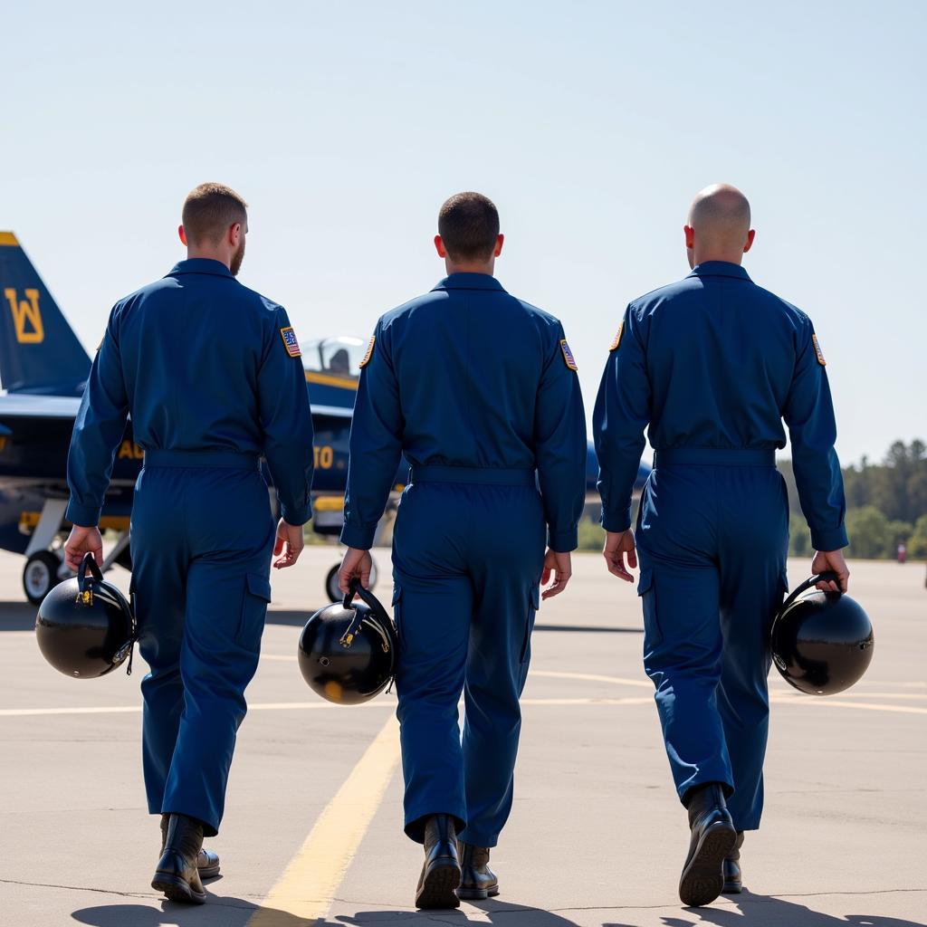 Blue Angels pilots in their signature blue flight suits preparing for a flight.