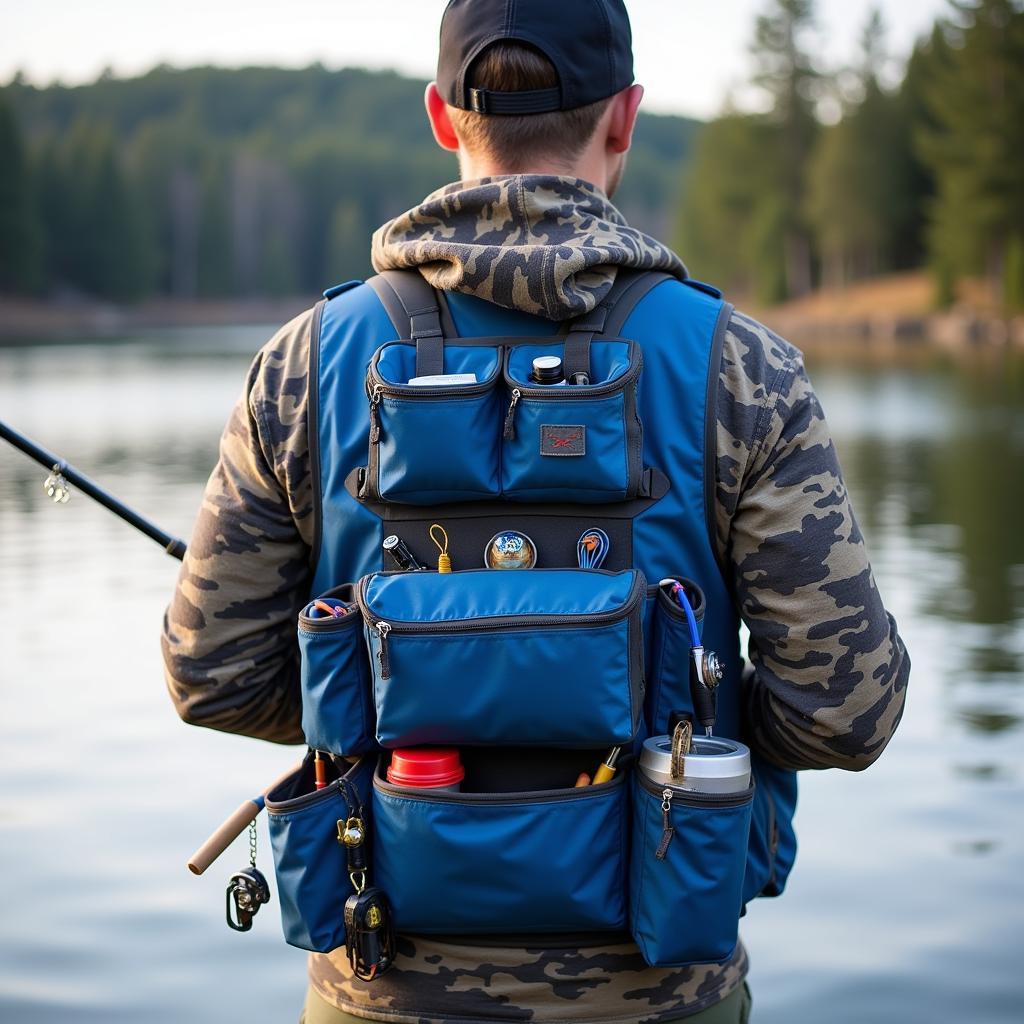 Blue camo vest with multiple pockets being worn while fishing