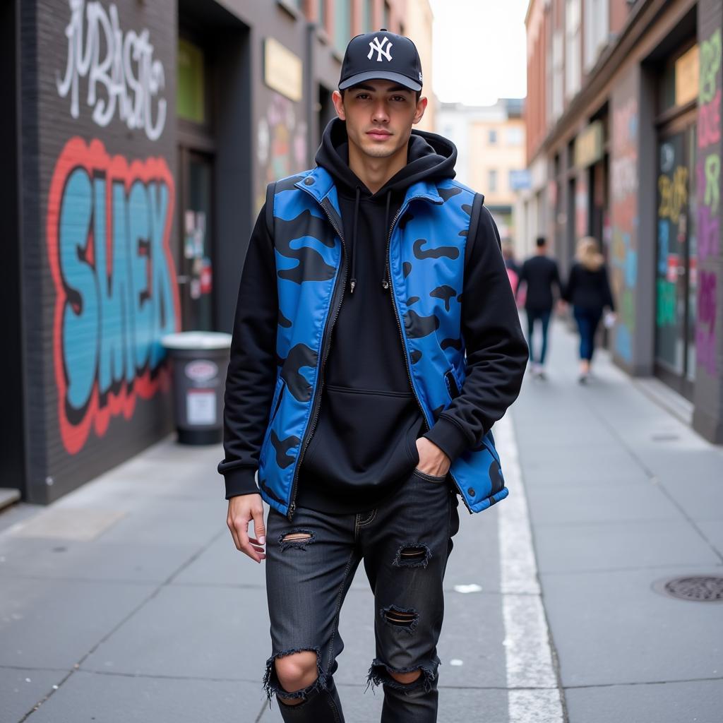 Blue camo vest being styled with a streetwear outfit