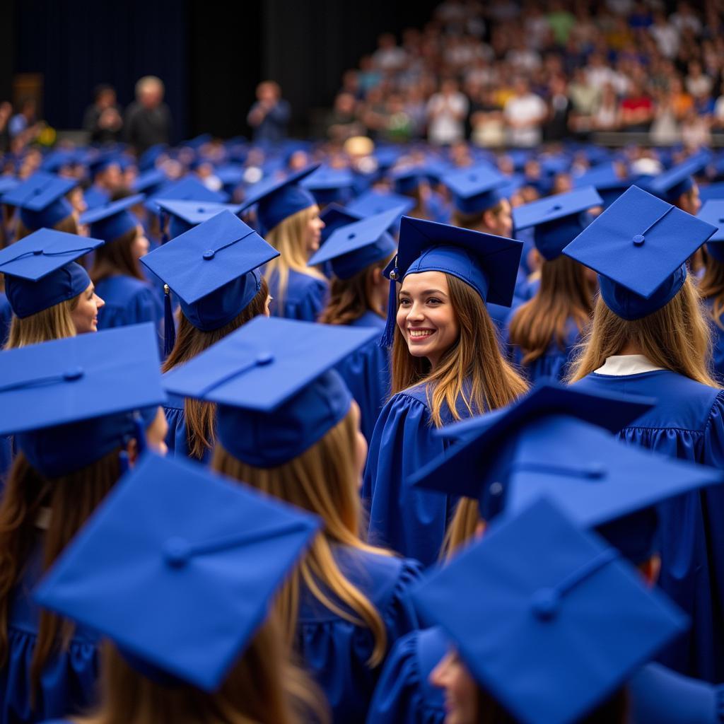 Students wearing blue graduation hats at a graduation ceremony