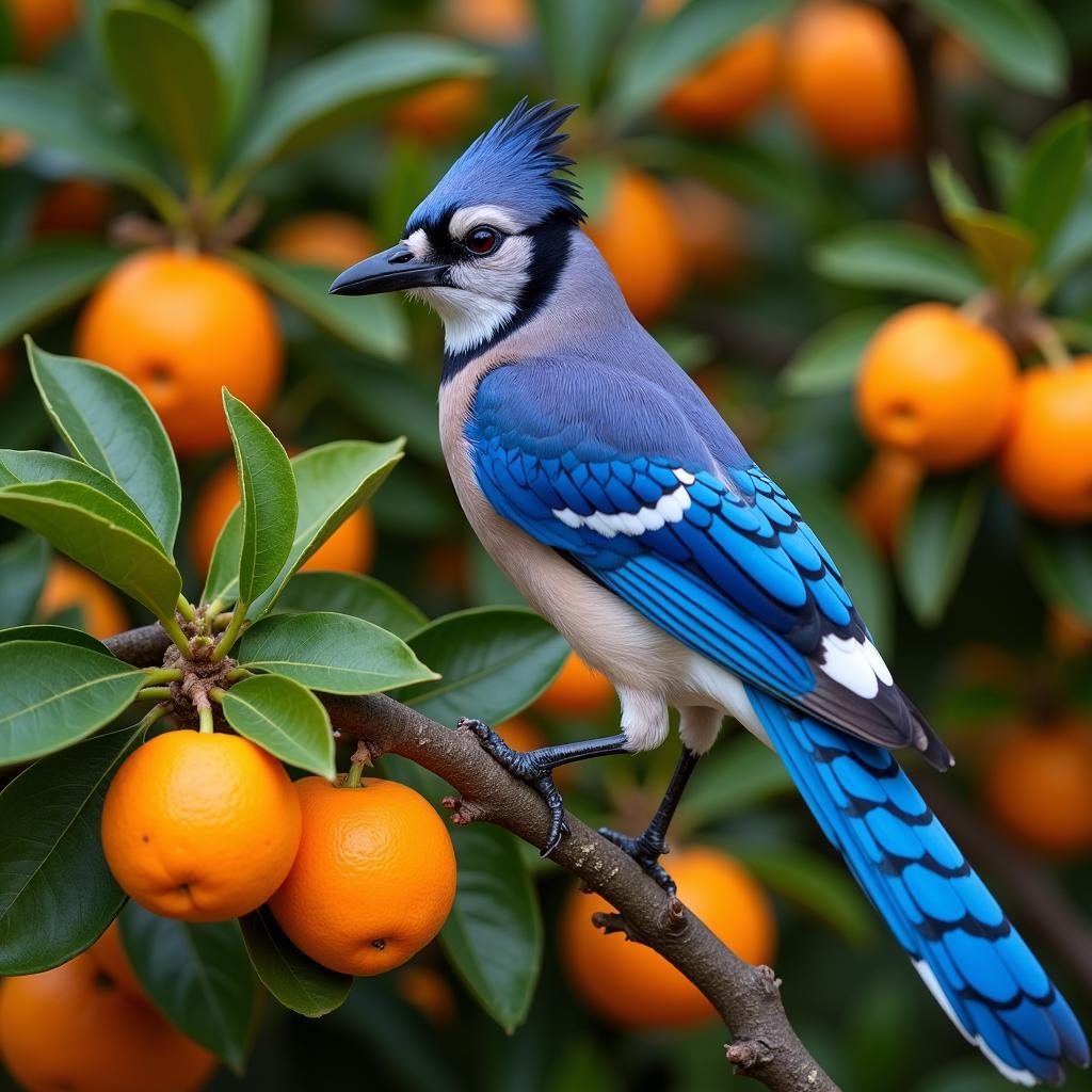 Blue jay perched on an orange tree branch