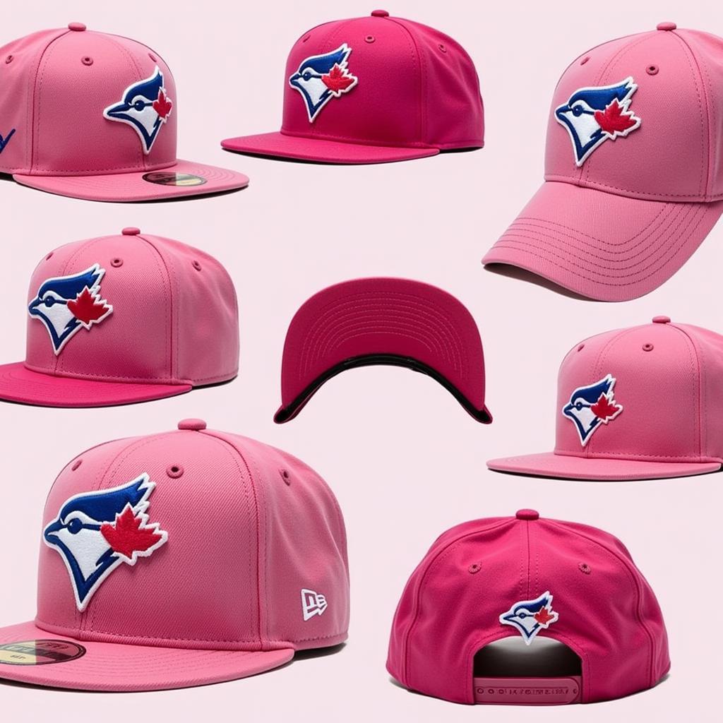 A variety of Blue Jays pink hats displayed in a retail setting