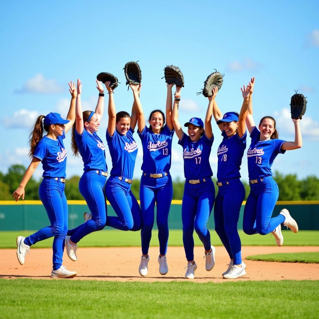 Blue softball team celebrating a victory