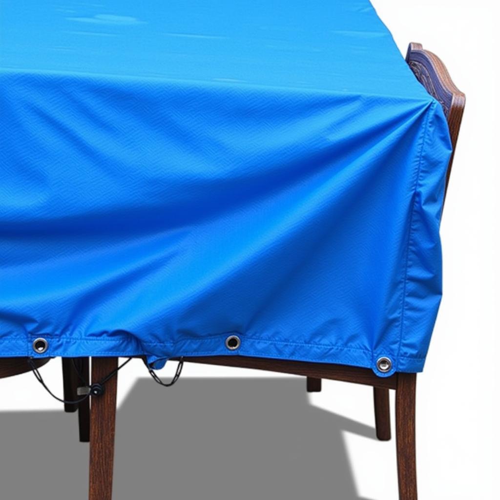 Blue tarp covering outdoor furniture