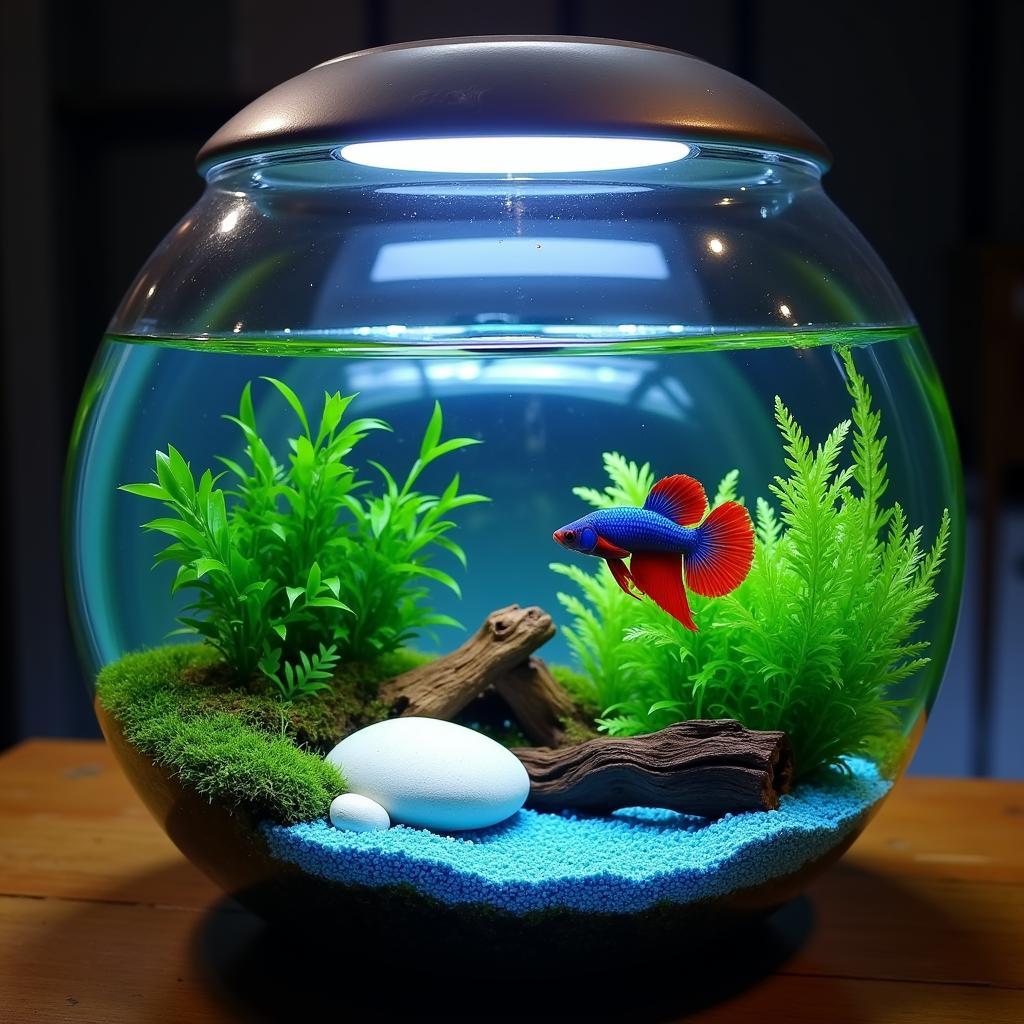 Aquascaped blue and white fishbowl with a betta fish