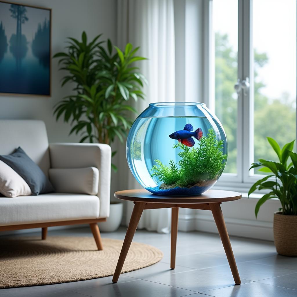 Modern living room with a blue and white fishbowl