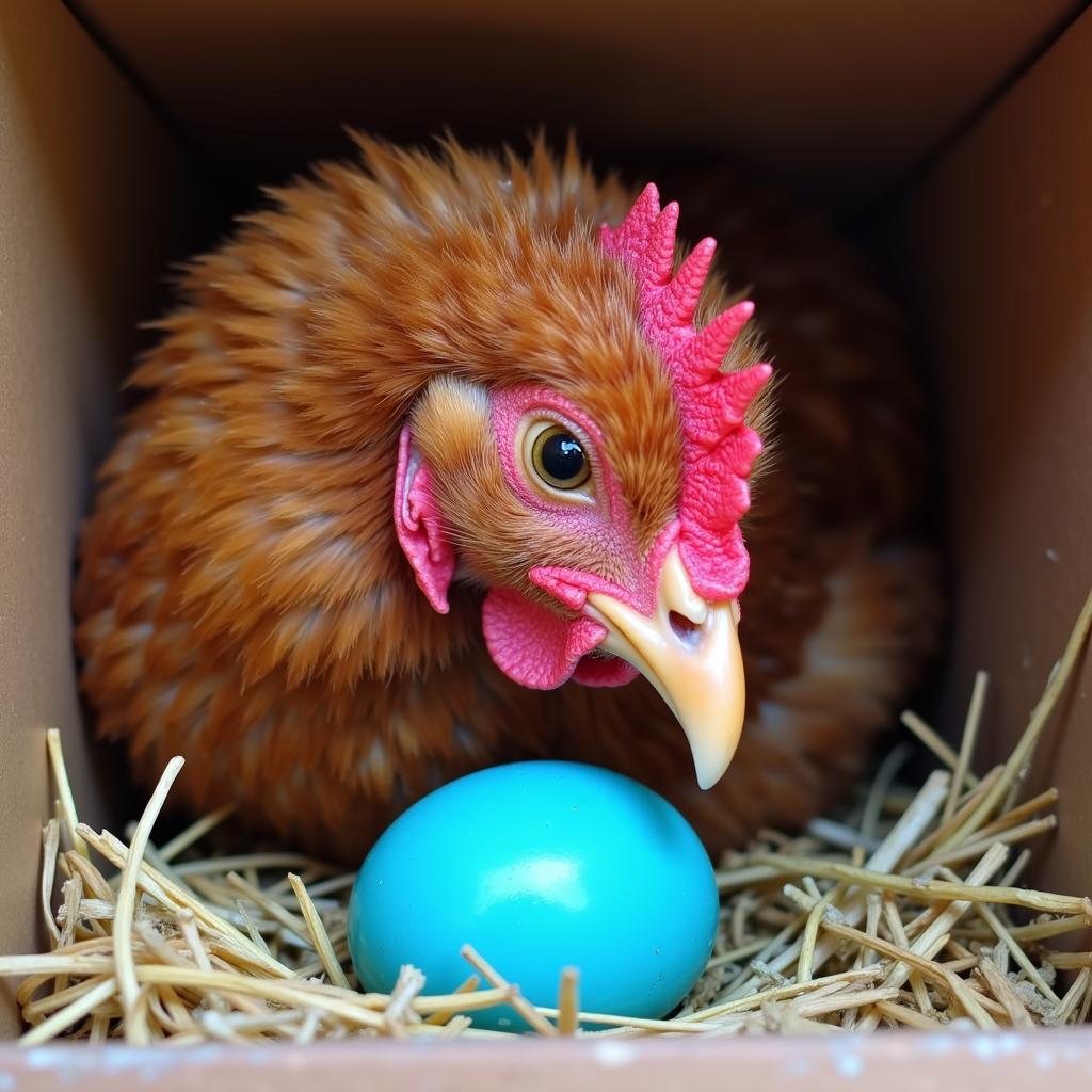 Bluebell Egger Chicken Laying a Blue Egg